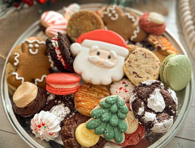 Christmas Themed colourful cookies in a bowl.