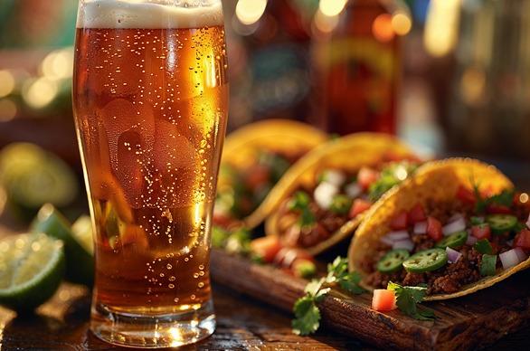 A glass of beer on a table with a group of tacos