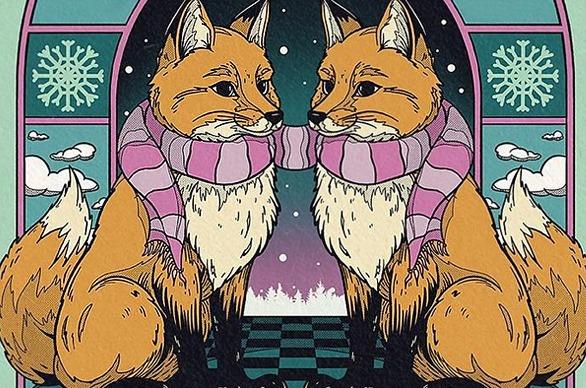 An illustration of 2 foxes sharing a pink winter scarf