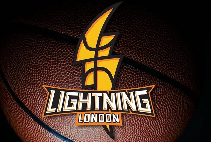 A black background featuring a stylized yellow lightning bolt with a basketball shape, with text reading Lightning London.cor