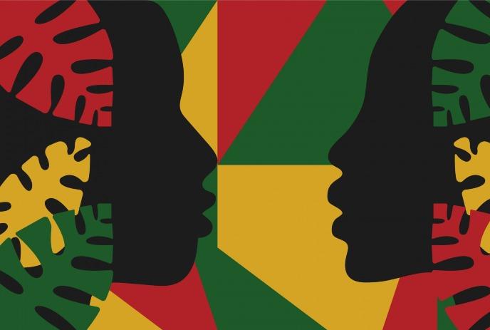 Two black silhouettes face each other with colorful abstract patterns and leaf shapes in red, green, and yellow.