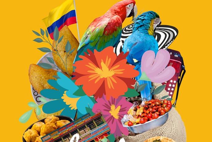 A colourful collage of Columbian based items like parrots, food and flowers.