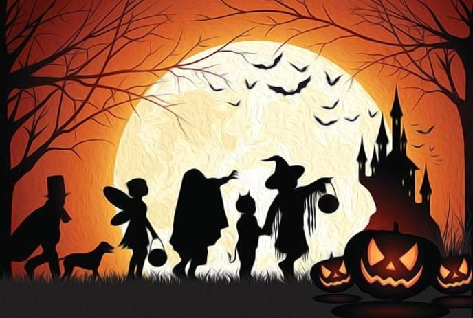 Children in Halloween costumes trick-or-treating under a full moon.