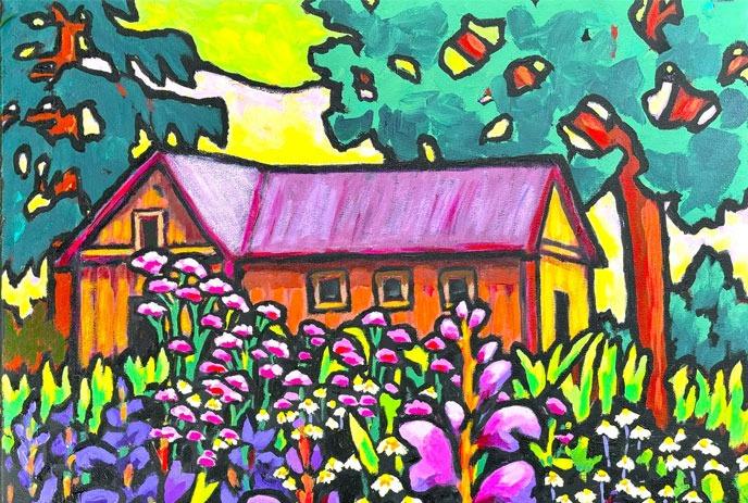 painting of a house in a field of flowers with trees.