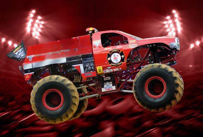 A powerful red monster truck soaring through the air during a thrilling arena event, with spotlights illuminating the scene.