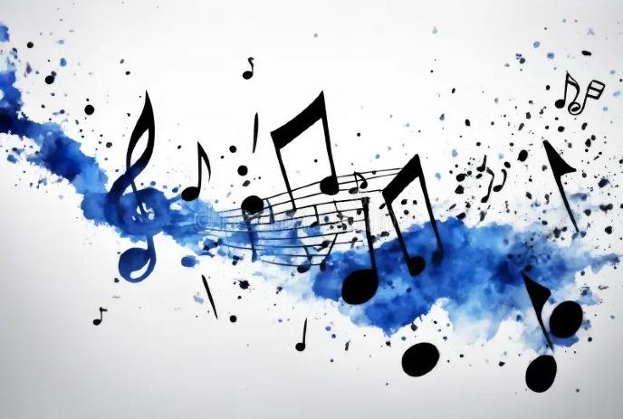 A vibrant splash of blue ink with black musical notes and symbols emerging from it on a white background.