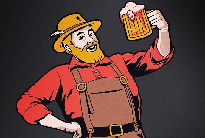 A bearded character in red overalls and yellow hat inspects a beer mug against a dark background.