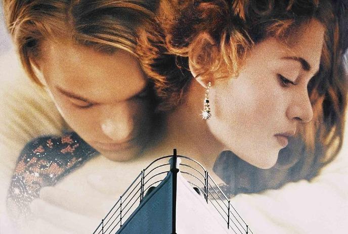 A poster of the movie 'Titanic,' featuring two faces and the ship's bow.