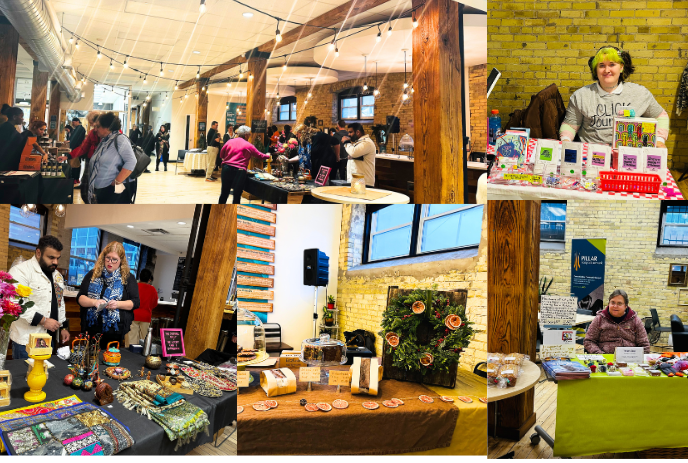 A bustling indoor market event with vendor stalls, people browsing, and diverse products on display.