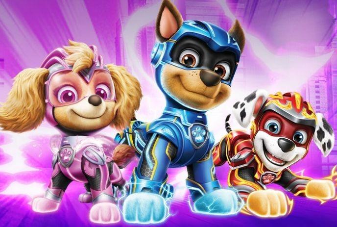 3 characters from PAW Patrol, posing wearing superhero costumes.