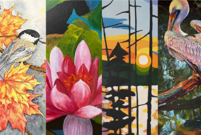 A collage of four paintings: a chickadee, a lily, a sunset, and a pelican.