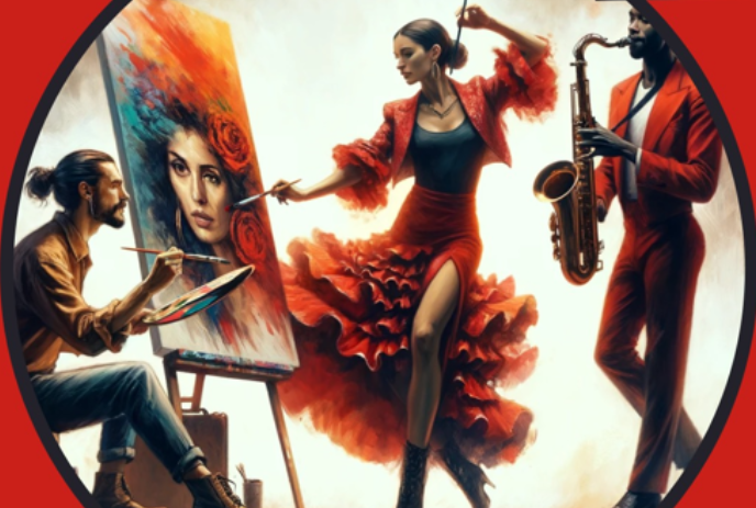 One person sitting with a paint palette, one person dressed as a flamenco dancer painting, and one person playing the sax.