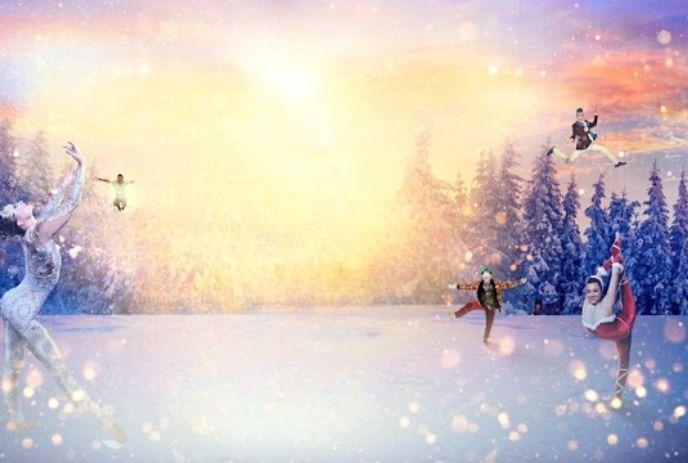 Figure skater, snowboarder, skier, and Santa Claus performing in a winter sunset scene with snowflakes.