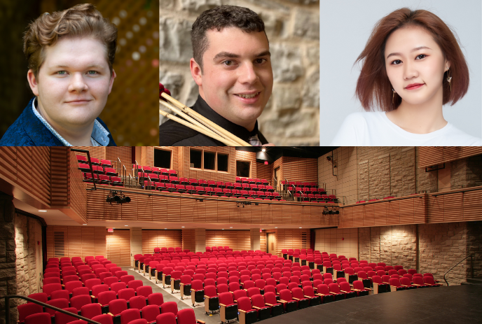 Three artists above a theater with red seats and wooden interior. The theater is empty, with a stage in the foreground.