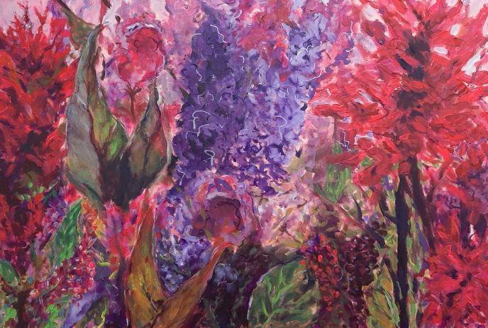 A vibrant abstract painting featuring clusters of flowers in various shades of red and purple.