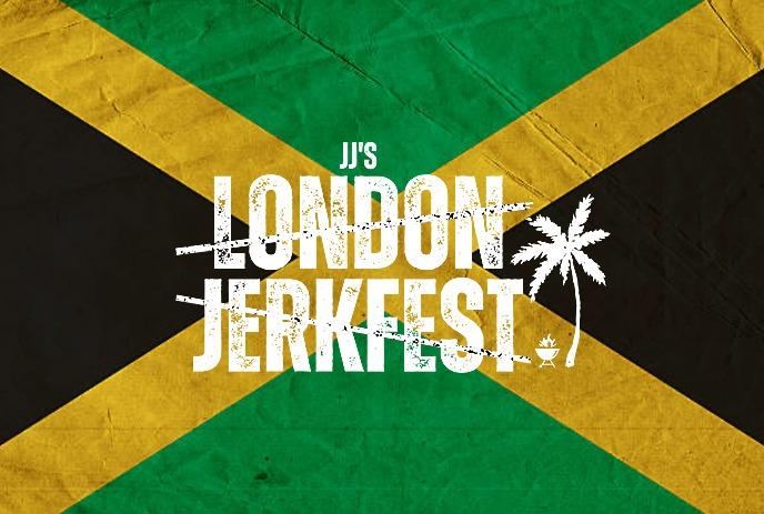 Jamaican flag with London Jerkfest logo above it.
