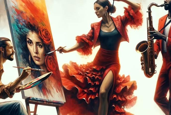 One person sitting with a paint palette, one person dressed as a flamenco dancer painting, and one person playing the sax.