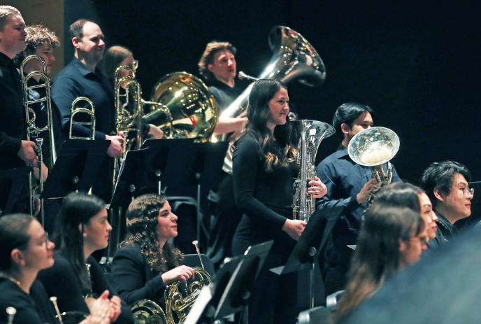 A group of musicians with various brass instruments performing on stage, creating a lively musical atmosphere.