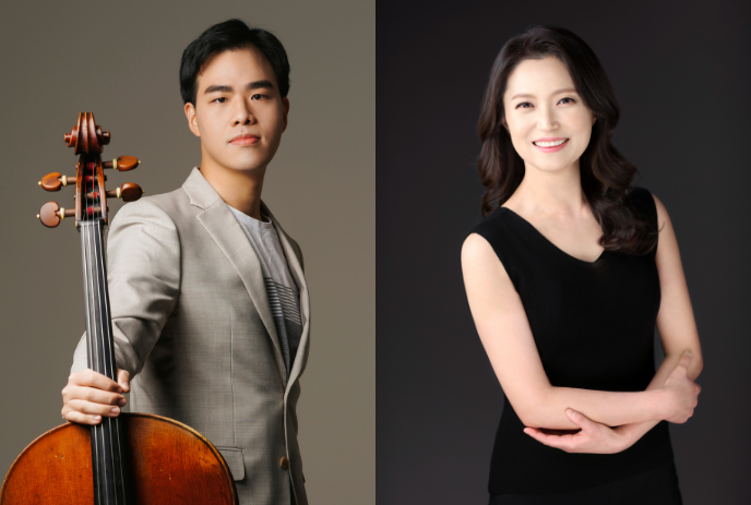 Hocheol Shin with his cello, and Kyung Kim posing for the camera in seperate photos.