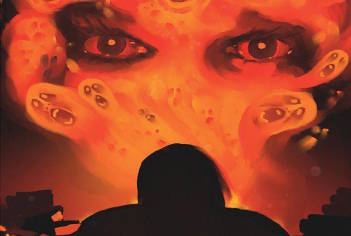 A silhouette faces a fiery, figure with intense eyes emerging from swirling flames, surrounded by eerie, ghost-like shapes.