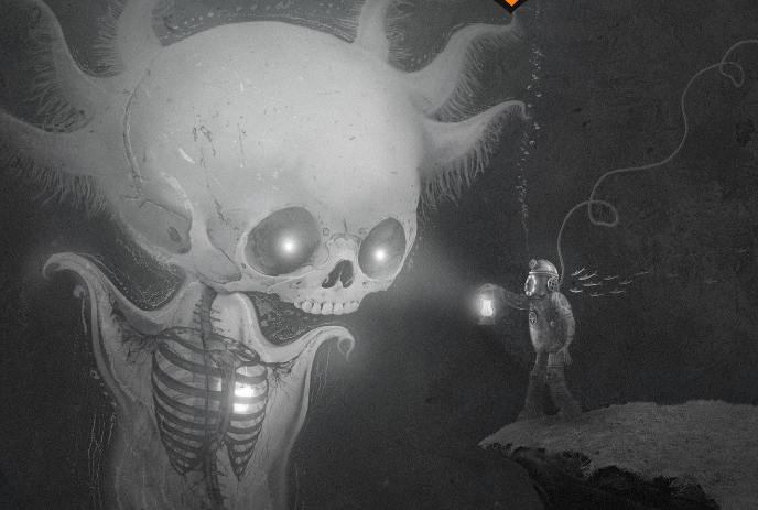 A diver encounters a giant skull with octopus tentacles in an eerie underwater scene.