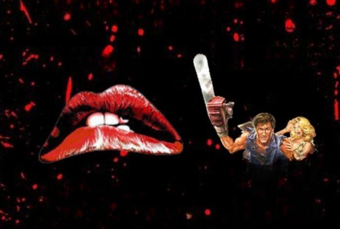 Red lips on the left, a man with a chainsaw and a woman on the right, against a dark background with red splatters.