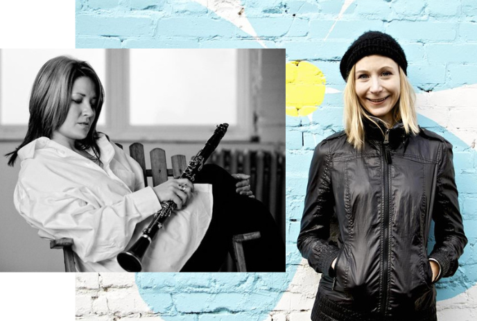 2 womans one wearing a black jacket and other in black and white frame holding an instrument posing for the picture