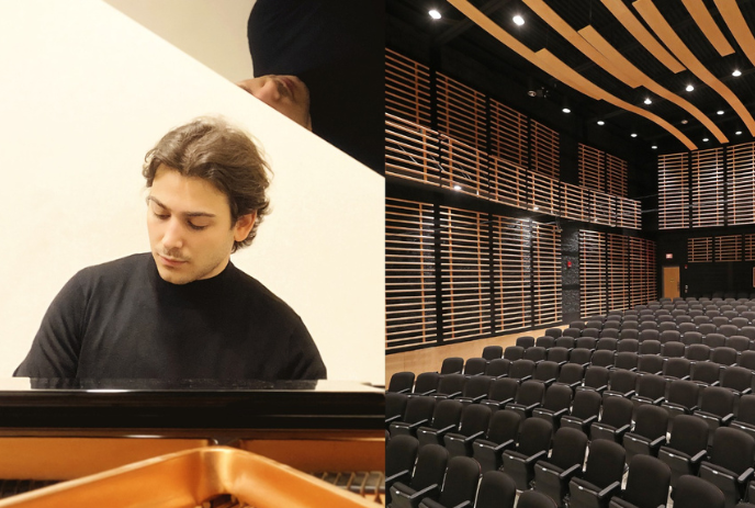 Person playing a piano, and the seating arrangement at von Kuster Hall.