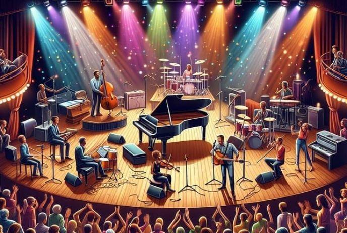 A vibrant concert scene with a diverse band playing various instruments on a stage under colorful spotlights.