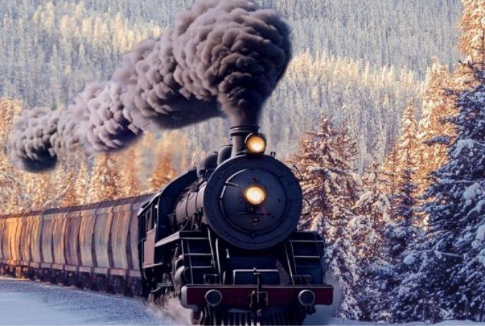 An old-fashioned train, emitting a plume of smoke, is on a journey through a dense forest blanketed with snow.