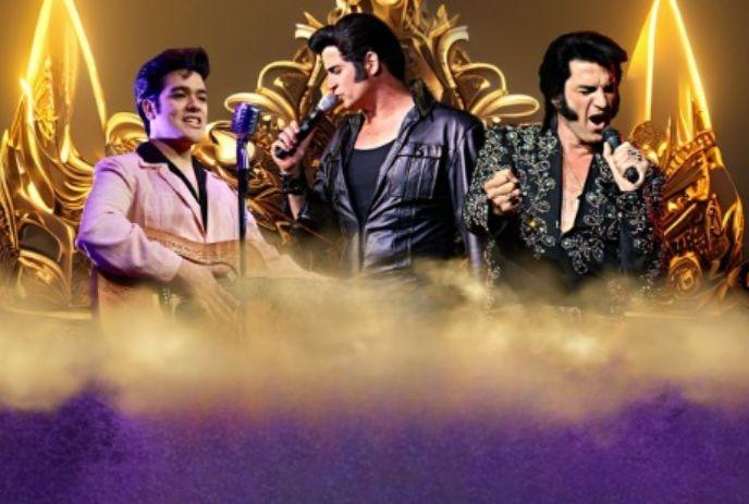 Three Elvis Presley impersonators performing on stage, each representing a different era, with a golden backdrop.