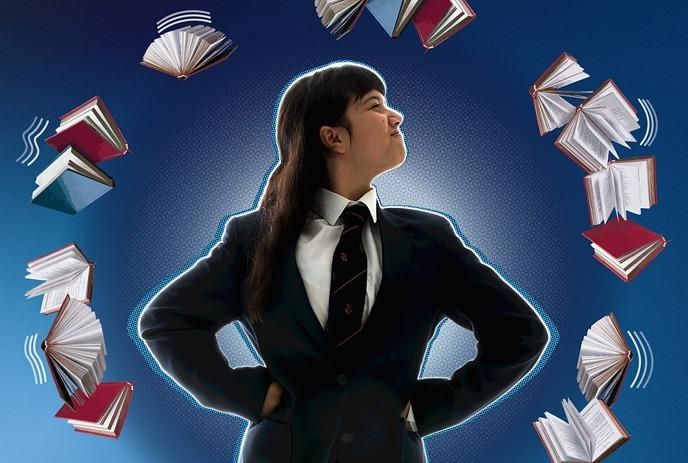 Young person wearing a school uniform, standing with hands on hips with books flying around them.
