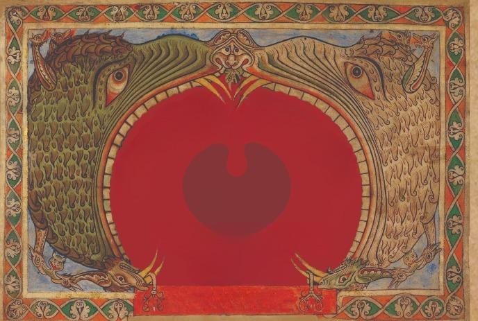 Two dragon-like creatures form a heart with their mouths, framed by a medieval-style border.