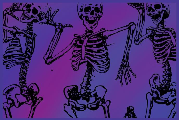 The image shows three playful, animated skeletons dancing against a purple and blue gradient background.