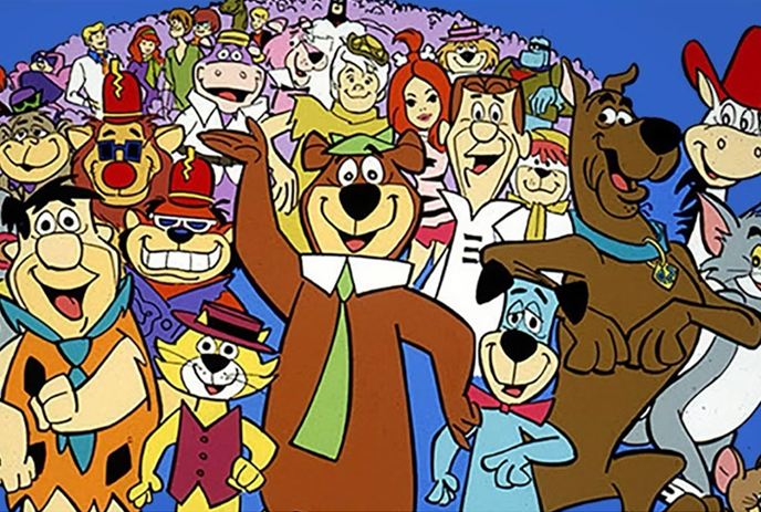 A group of iconic cartoon characters, including a bear with a green tie, a dog, and various colorful figures.