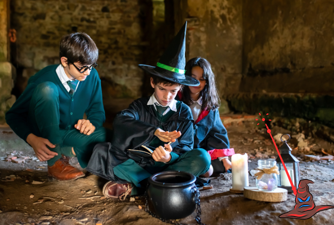 Three kids in wizard costumes cast spells around a cauldron in a stone room.