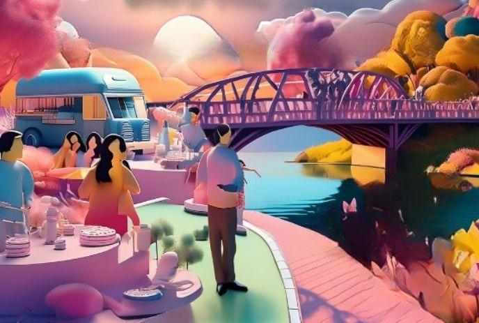Colorful digital art of a vintage van, fluffy clouds, people dining, and a purple bridge over calm water.