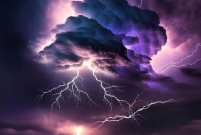 Dark grey and purple clouds with lightning bolts coming down from them.