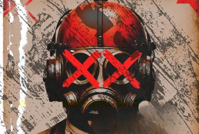 A person wearing a gas mask and helmet with red X marks painted over the eyes against a distressed background.