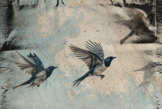 A painting of birds flying in the sky.