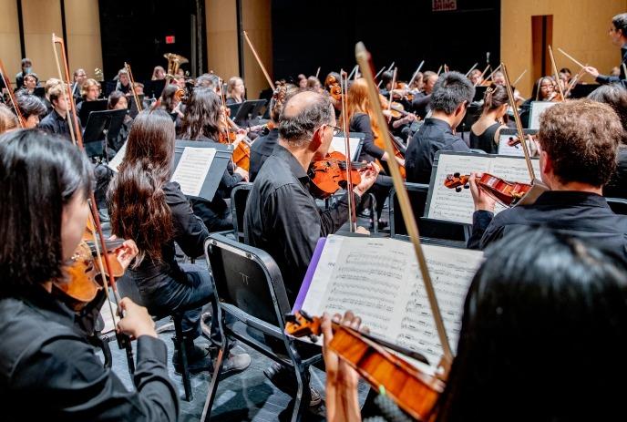 A large orchestra performs with musicians seated in rows playing violins wearing dark outfits.