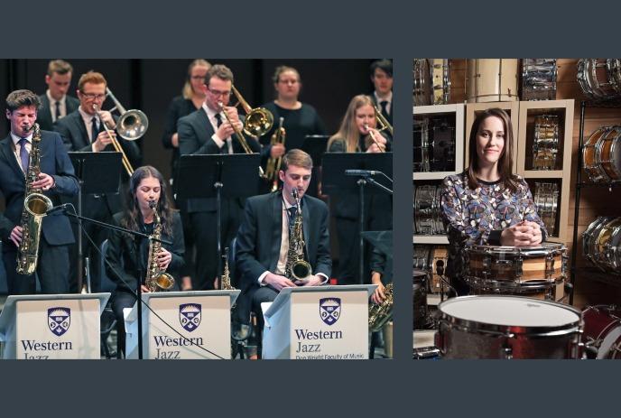 A jazz band performs on the left with various instruments, while a female with drums is shown on the right.