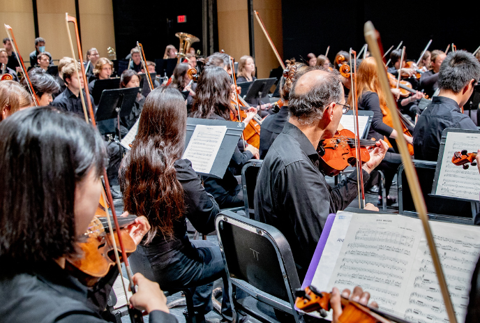 A symphony orchestra performing on stage, with musicians playing violins, cellos, and various string instruments.