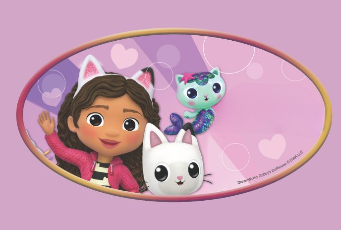 Two cat dolls and a girl figure in a toy scene from Gabby’s Dollhouse with pink and purple background.