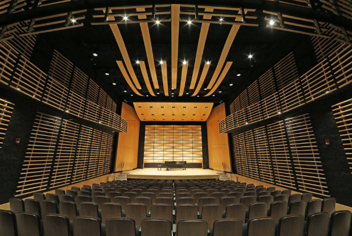 Modern auditorium with rows of seats, a stage, and striking wooden acoustic panels, viewed from the back.