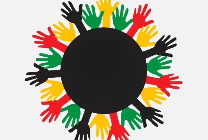 A logo of coloured hands around a black circle representing black history month.