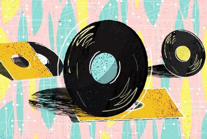 A colorful, retro-style illustration featuring vinyl records and yellow record sleeves, set against a colourful background.