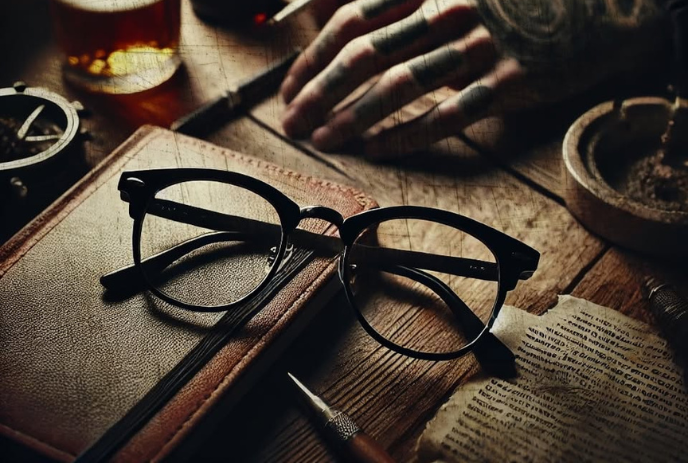 A rustic wooden table with a stone ashtray, a piece of paper with text, a spool of thread, and a pair of eyeglasses.