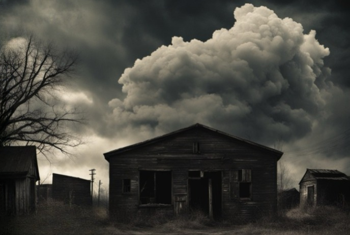 An abandoned house with broken windows, an open door, and overgrown grass, set against stormy clouds.