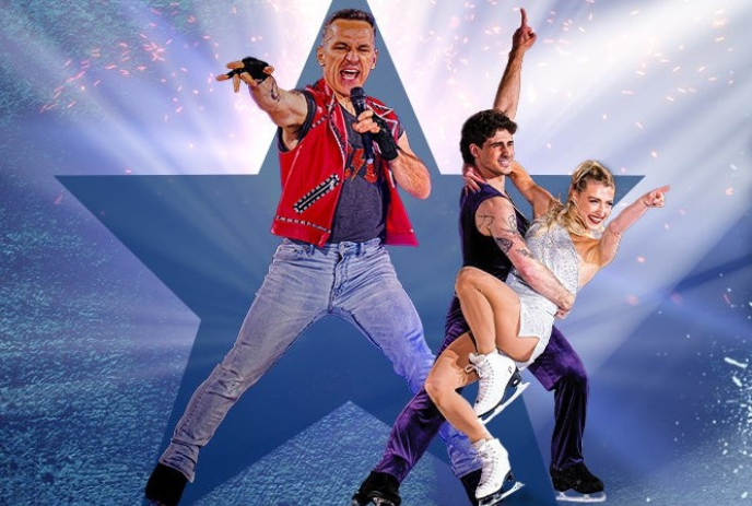 Three performers from Stars on Ice, striking poses in front of a star.